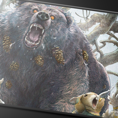 Bloomburrow Lumra, Bellow of the Woods Black Stitched Standard Gaming Playmat for Magic: The Gathering | Nexcstoioe Close up